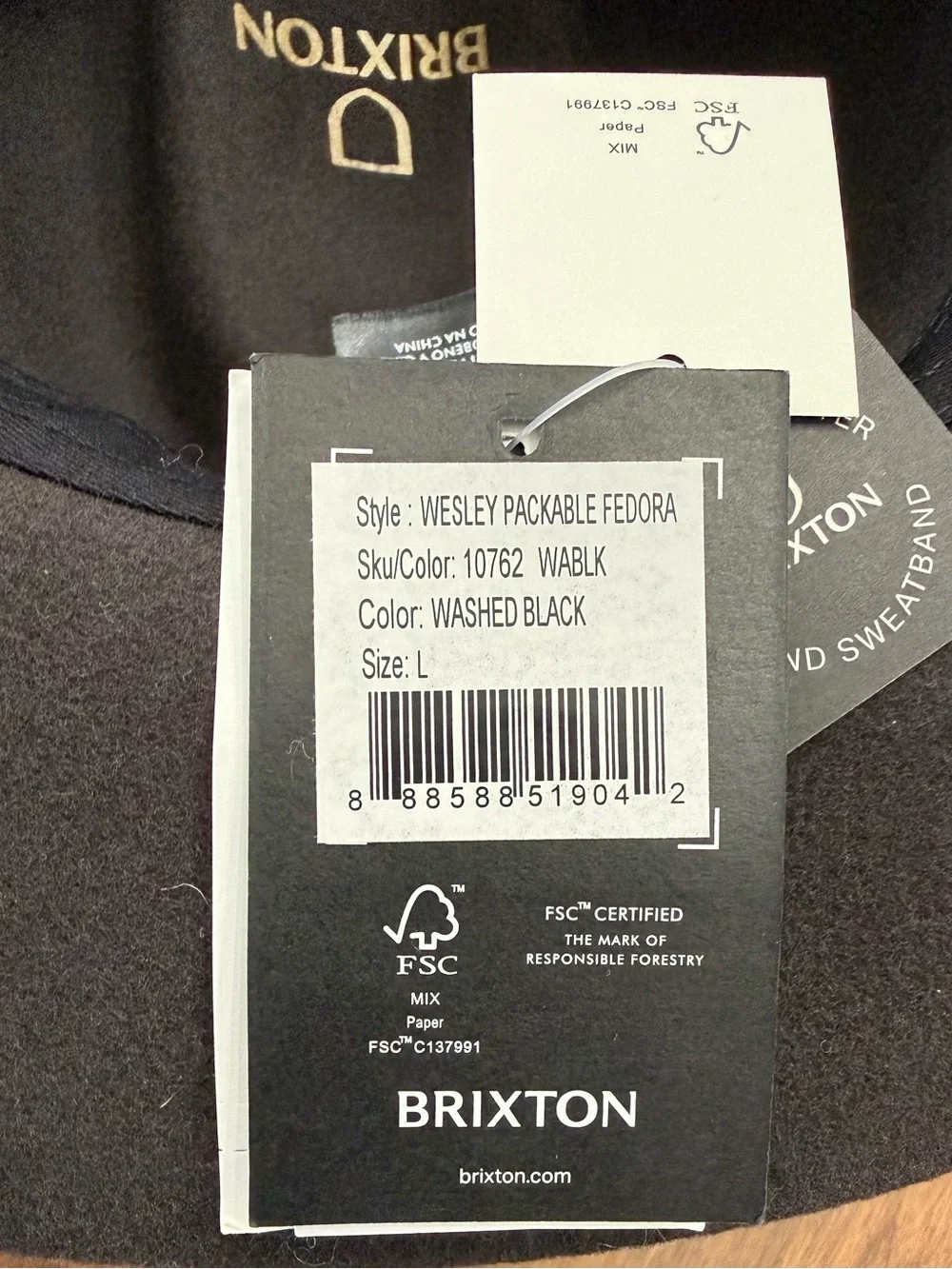 Brixton Wesley Packable Fedora in Washed Black with Black Leather Strap Sz Large